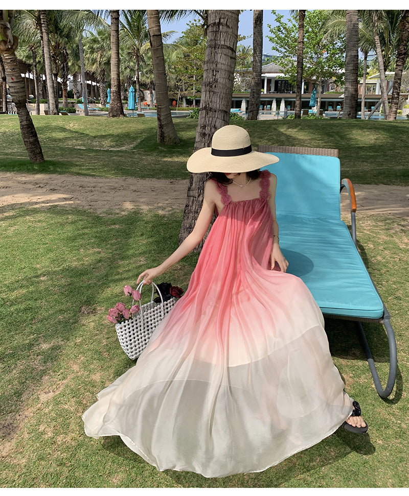 Beach Dress Sanya Vacation Strap Long Dress Pink Gradient Chiffon Dress Super Fairy