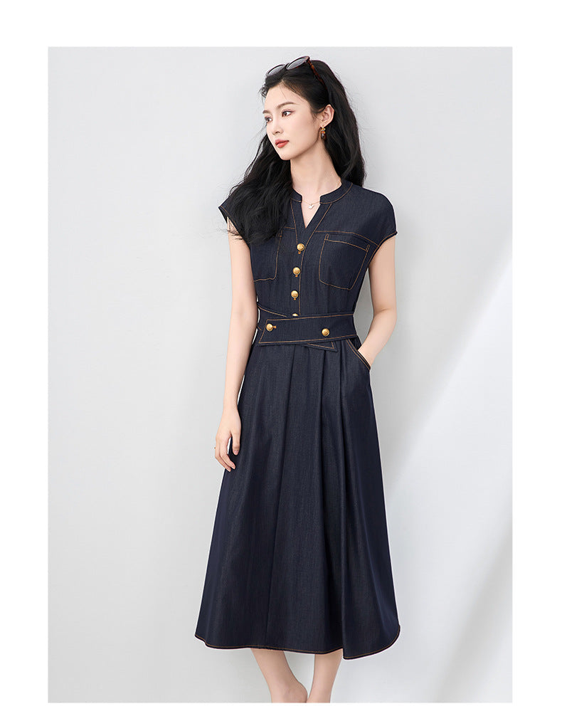 Light Mature Retro Hong Kong Style Elegant Slim Fit Tank Dress Ice Silk Cotton Denim Skirt