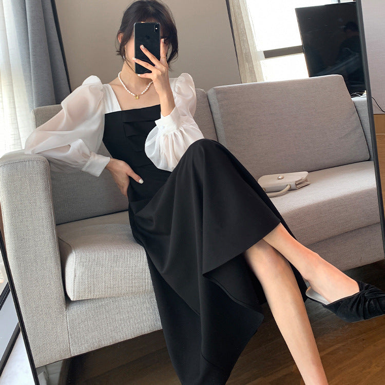 Long Sleeve Black Chiffon Dress Elegant Dress for Women New Spring Autumn Patchwork Square Neck French Style Retro Mesh Dress