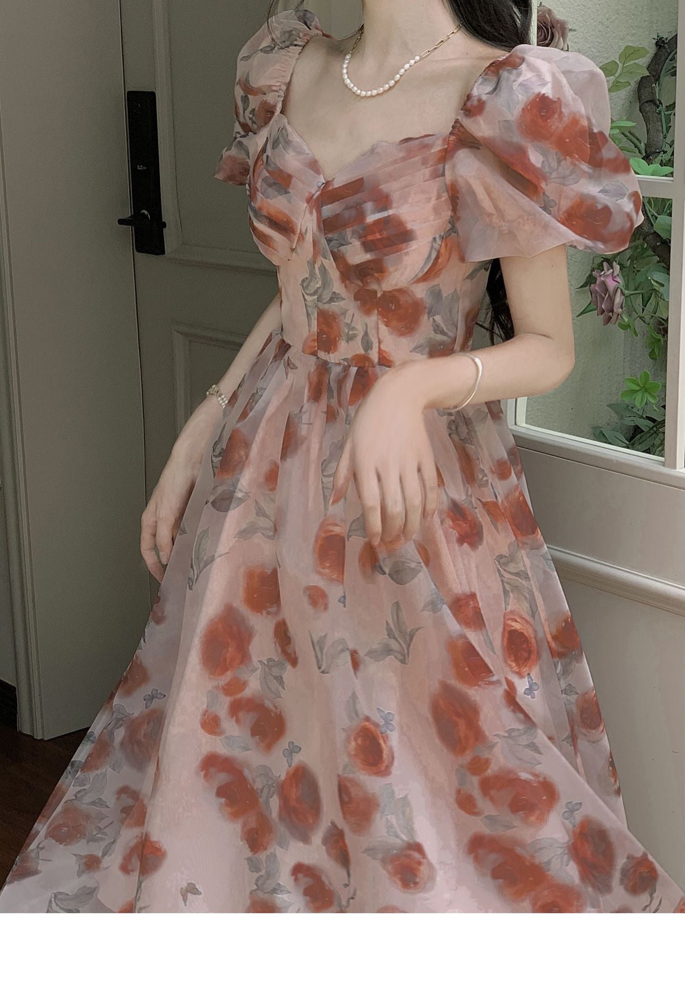 Stunning Fairy Tea Break Platycodon Square Neck High Waist Floral Dress for Women Summer French Style Elegant Chiffon Princess Long Dress