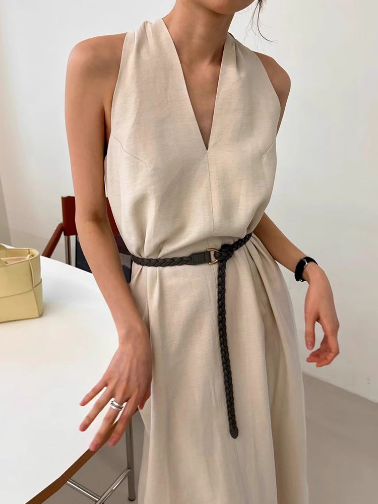 South Korea chic Summer Retro High Sense V Collar Waist-Tight Thin over the Knee Long Halter Vest Dress Women