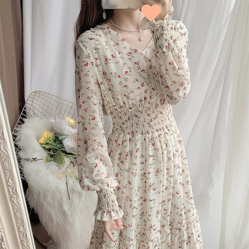 Artistic Style Floral Skirt Chiffon Dress Long Skirt Spring New Korean Style Fairy Dress Ruffled Large Swing Skirt