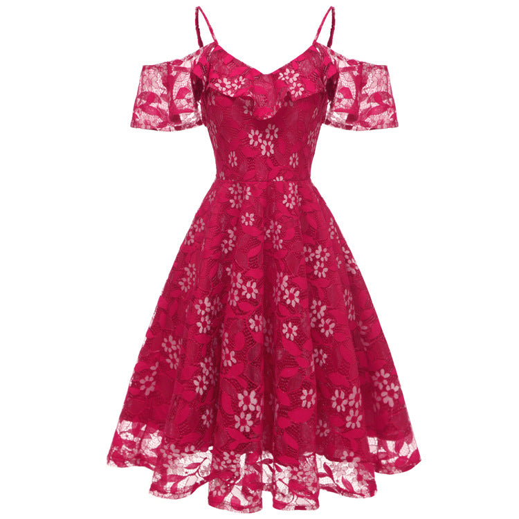 Lace Spaghetti Strap Flutter Sleeve Dress, 2025 Summer New Arrival Slim Fit Flared Sexy A-Line Dress for Women