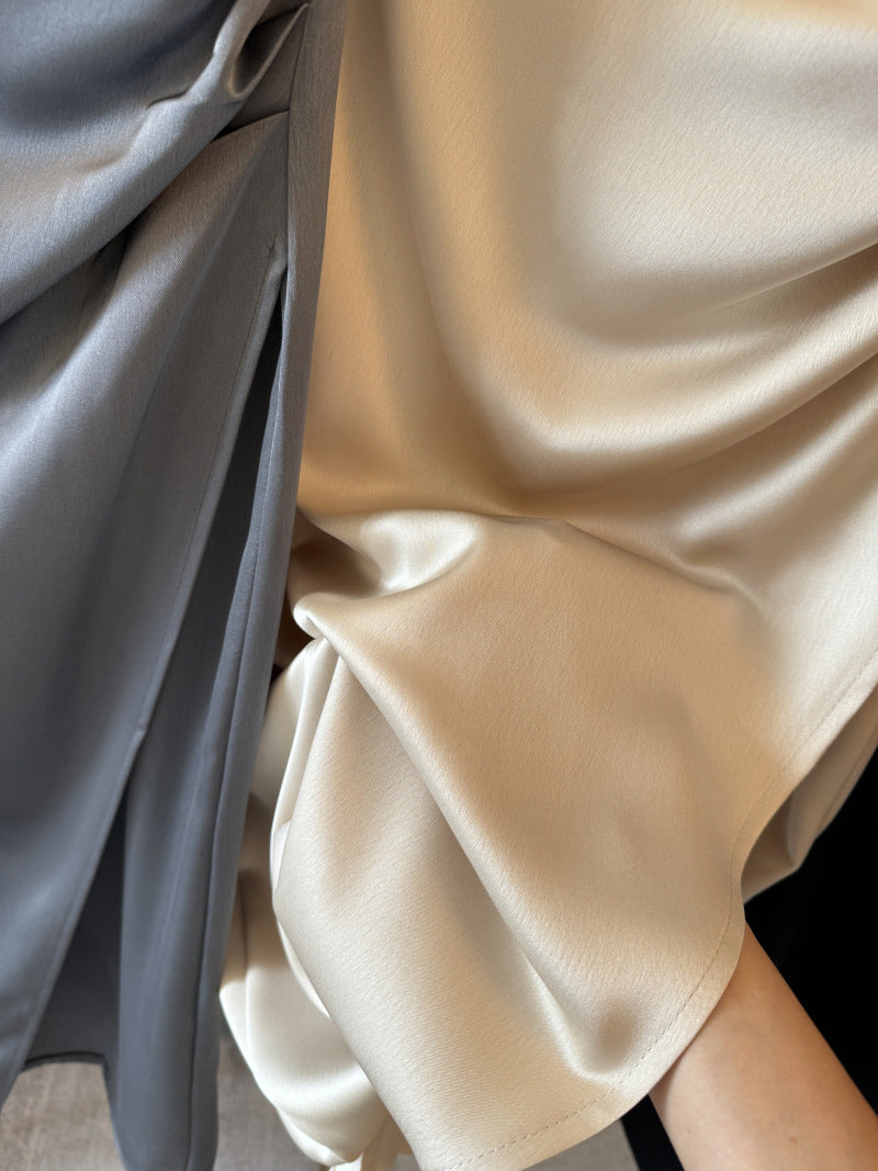 Elegant Goddess Style~Asymmetric Smooth Satin Skirt, Spring and Summer Pleated Pencil Skirt, Mid-Length Straight Skirt