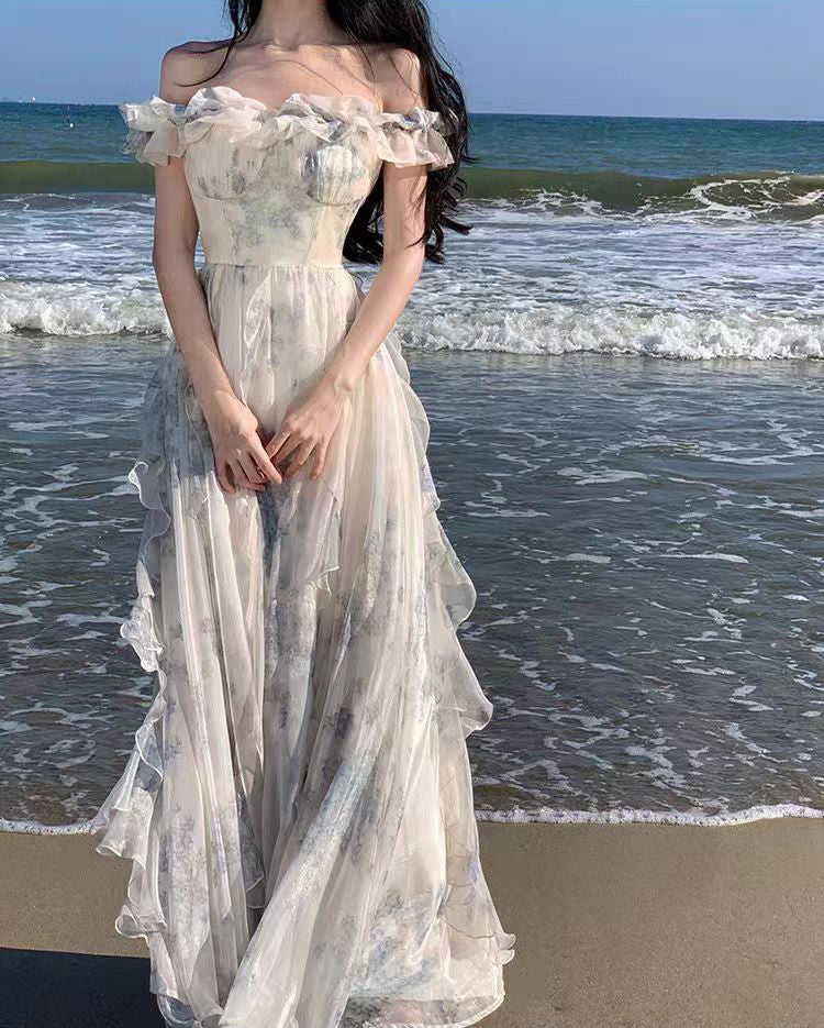 Seaside vacation style spaghetti strap dress with French ruffle hem, Saya long dress, ethereal fairy-like vibe, flowing and trendy.