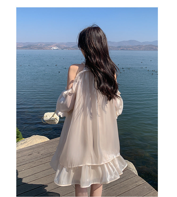 Apricot Super Fairy Halter Off-the-Shoulder Dress Women's Long Sleeve Spring New French Vacation Style Princess Dress Pettiskirt