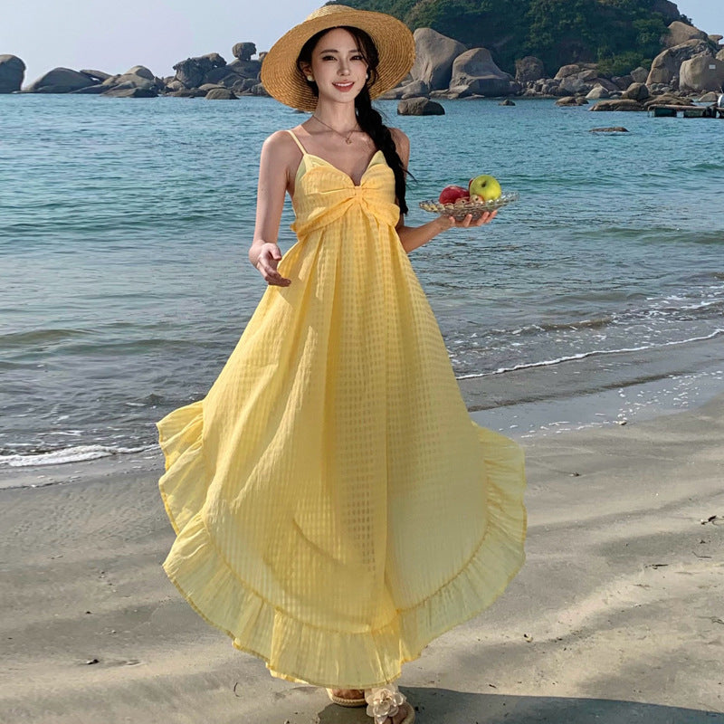 Photogenic Light Yellow Plaid Vacation Style Backless Dress Dopamine Island Vacation Beach Halter Long Dress