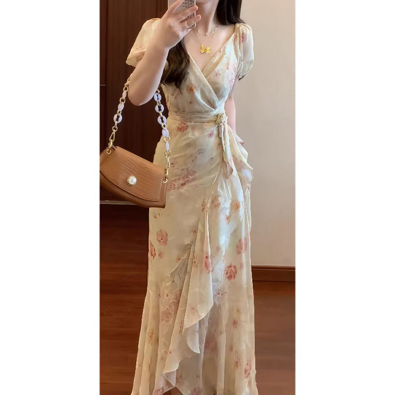Summer French Romantic One-Piece Tie Printed Dress with Ruffled Hem Elegant Long Dress