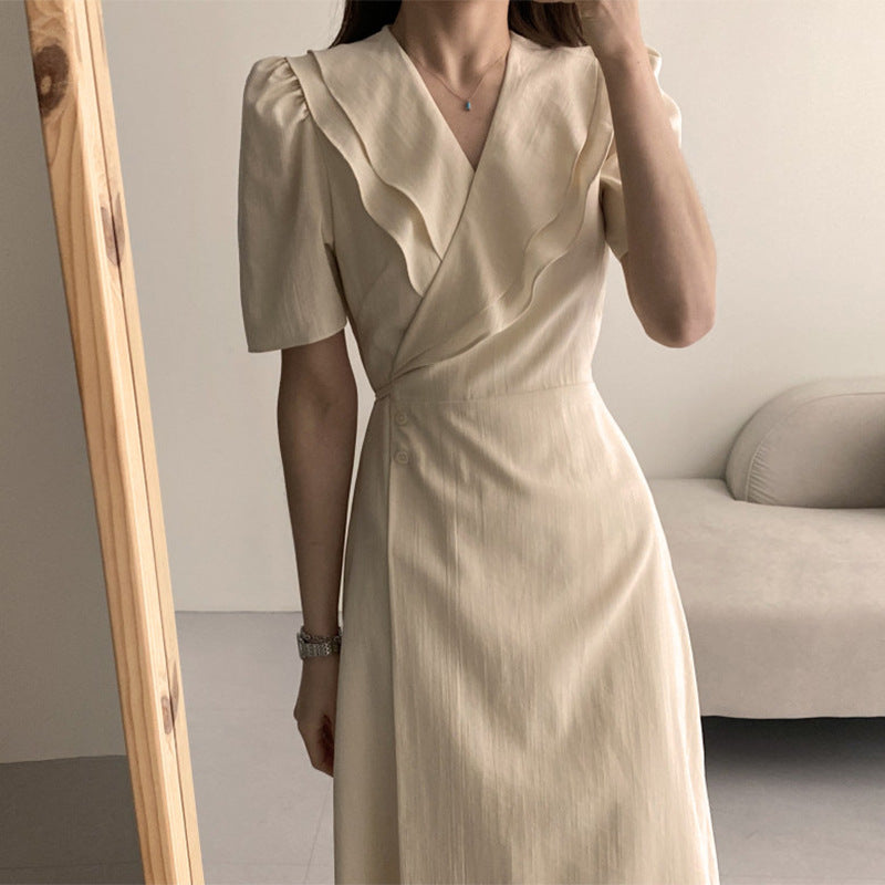 French Retro Double-Layer Collar Buckle Waist Slimming Mid-Length One-Piece Puff Sleeve Dress Women