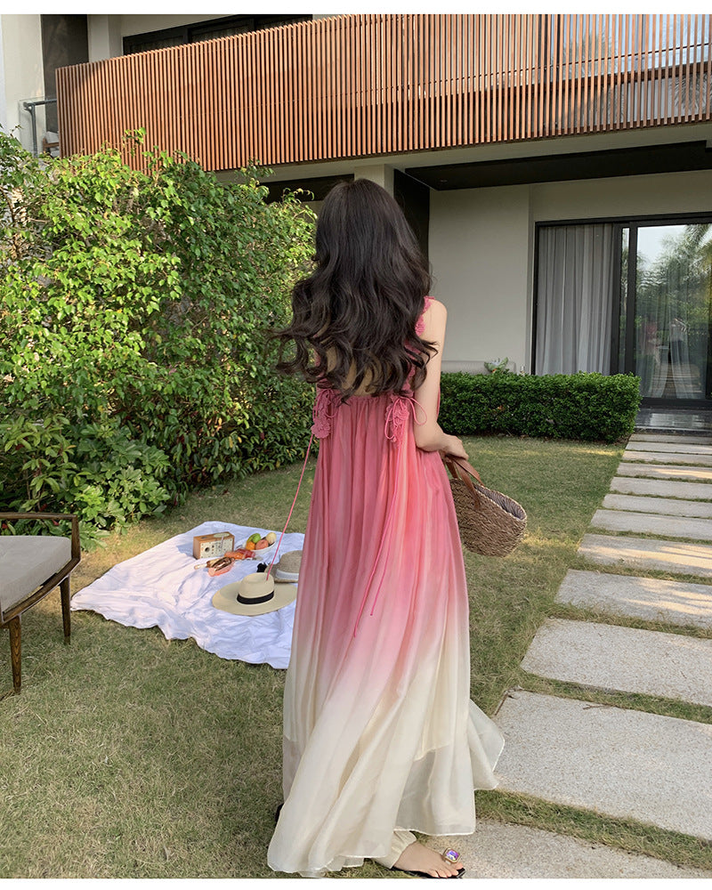 Beach Dress Sanya Vacation Strap Long Dress Pink Gradient Chiffon Dress Super Fairy