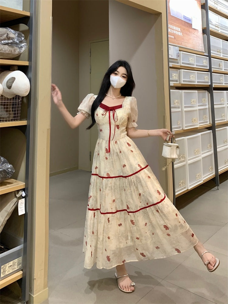 Plus Size Women's French Style Color Block Print Dress Waist Slimming Square Neck First Love Long Dress