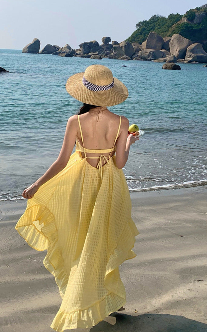 Photogenic Light Yellow Plaid Vacation Style Backless Dress Dopamine Island Vacation Beach Halter Long Dress