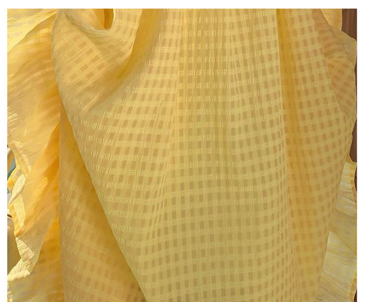 Photogenic Light Yellow Plaid Vacation Style Backless Dress Dopamine Island Vacation Beach Halter Long Dress