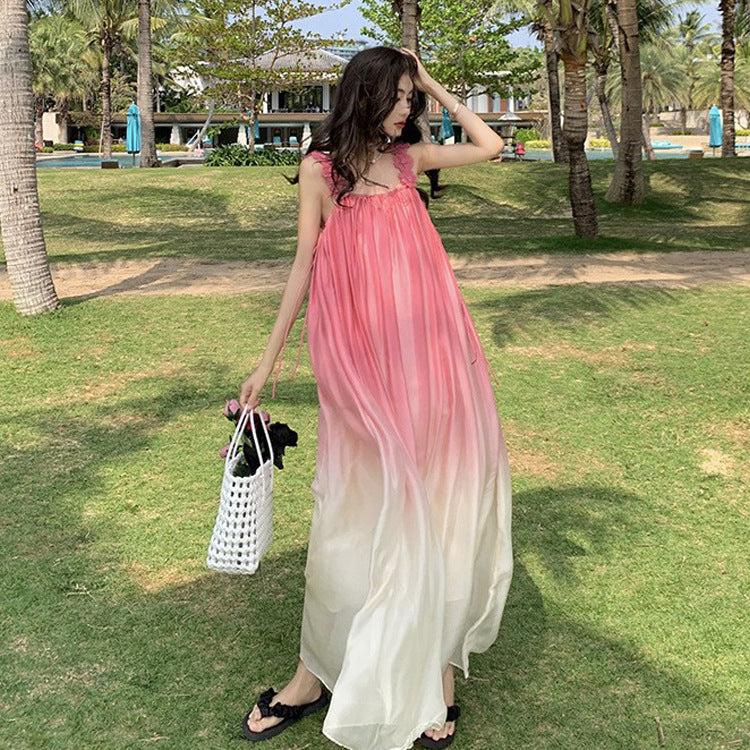 Beach Dress Sanya Vacation Strap Long Dress Pink Gradient Chiffon Dress Super Fairy