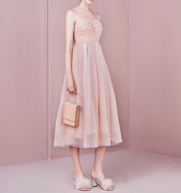 Summer New Nude Pink Party Mini Dress with Sequin Embellishments and Mesh Spaghetti Strap Dress for Women