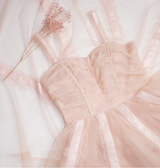 Summer New Nude Pink Party Mini Dress with Sequin Embellishments and Mesh Spaghetti Strap Dress for Women