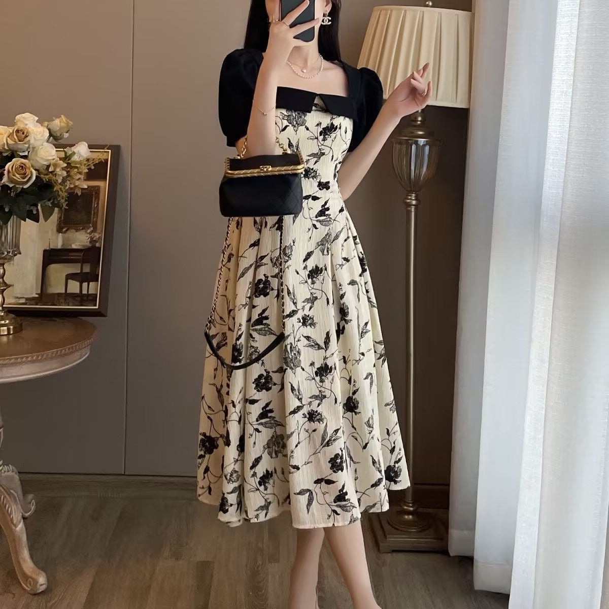 Pure Desire Style Slimming Stitching Floral Skirt Women's Summer Square Collar Bubble Sleeve A- line dress