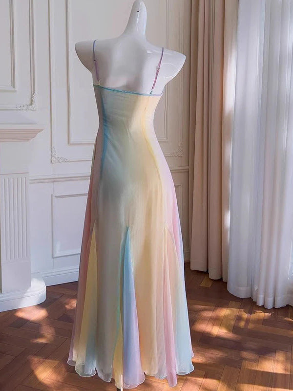 Summer Dopamine Girl Sweet Rainbow Long Dress Fairy Socialite Temperament Vacation Strap French Style Dress