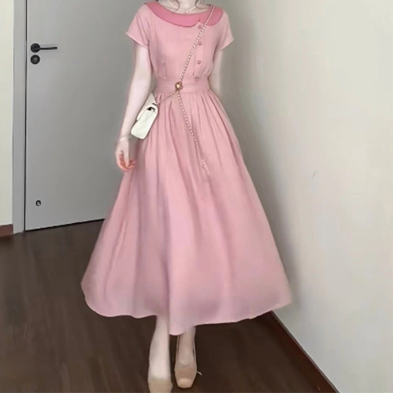 French Style Gentle Pink Striped Dress for Women Summer New Bow Tie Waist Mid-Length Dress Short Sleeve Trendy