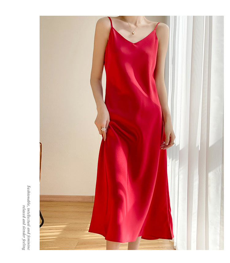 Summer New Mid-Length Sleeveless Off-Shoulder Light Luxury Mulberry Silk Acetate Satin Imitation Silk Strap Dress for Women