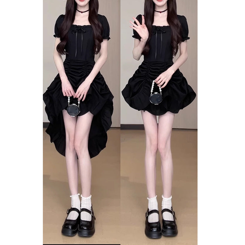 One Dress Wear More Red Cake Dress Early Summer Birthday Ancient Military Uniform French Short Sleeve Dress Waist Dress Square Collar Pleating