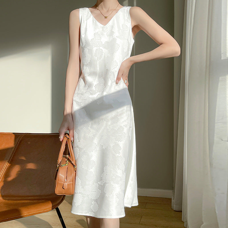 Women's Acetate Satin Mid-Length Dress Spring and Summer New Leaf Printing Niche Minimalist Style Sleeveless Skirt
