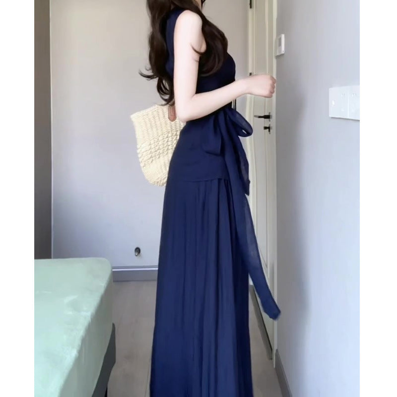 French Style Elegant Fashion Age-Reducing Sleeveless Tie Top with High-Waisted Skirt Two-Piece Set for Women