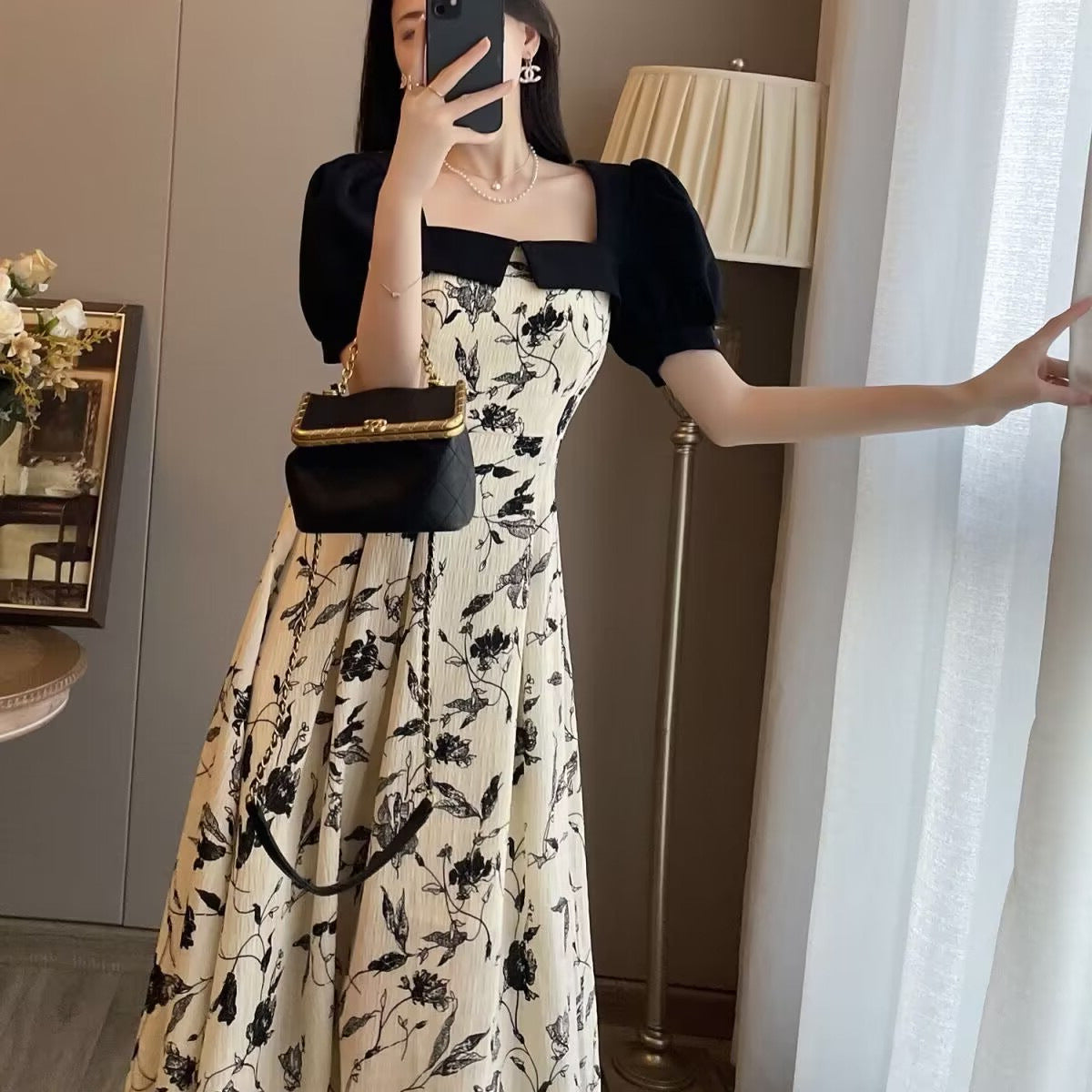 Pure Desire Style Slimming Stitching Floral Skirt Women's Summer Square Collar Bubble Sleeve A- line dress