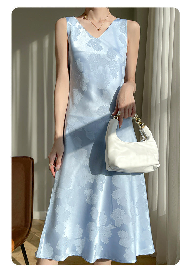 Women's Acetate Satin Mid-Length Dress Spring and Summer New Leaf Printing Niche Minimalist Style Sleeveless Skirt