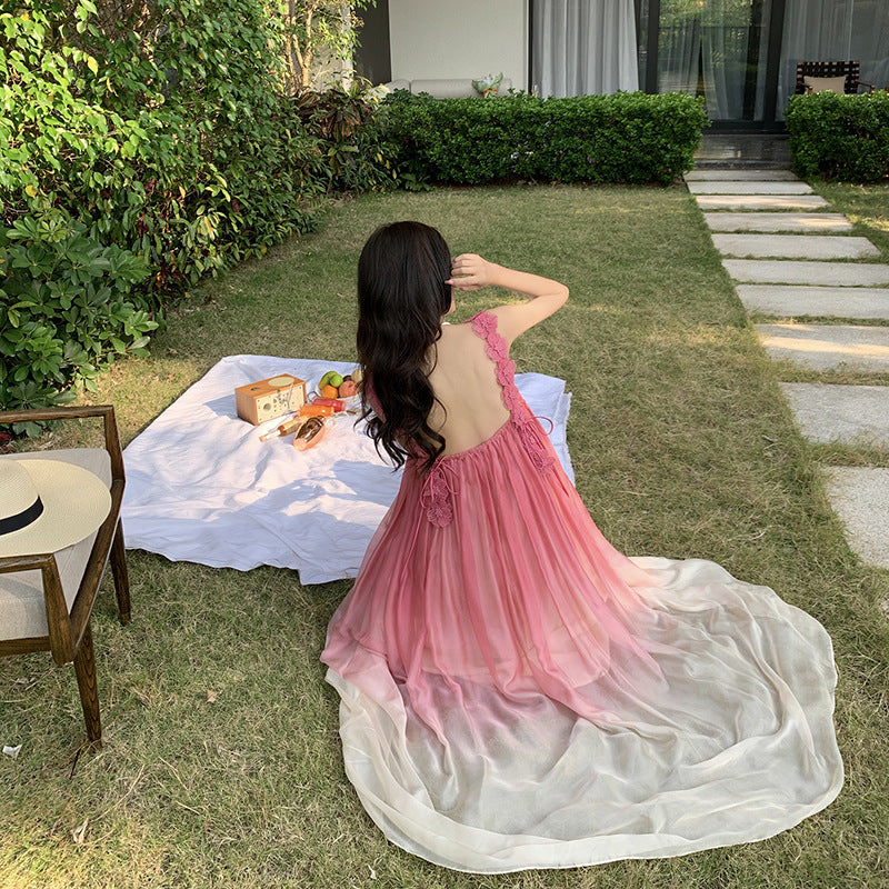 Beach Dress Sanya Vacation Strap Long Dress Pink Gradient Chiffon Dress Super Fairy