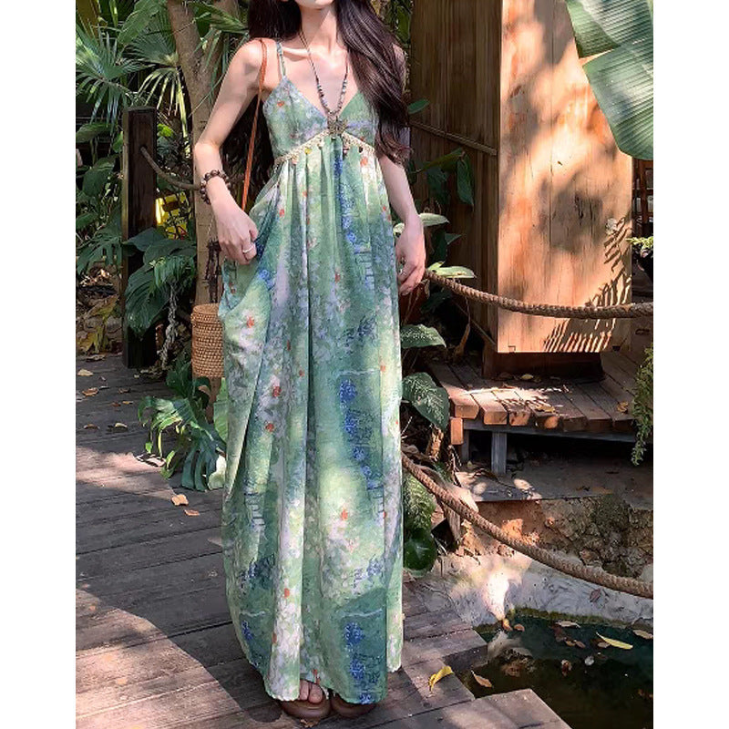 Heartbeat Light Spring Style Outfit Spaghetti Strap Dress V-neck Print Design Vacation Style Long Dress