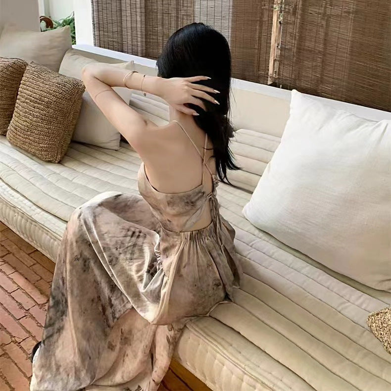 Sweet and Spicy Girl Floral Strap Dress Fairy Summer Dress Beach Vacation Backless Sexy Elegant Waist-Cinching Long Dress