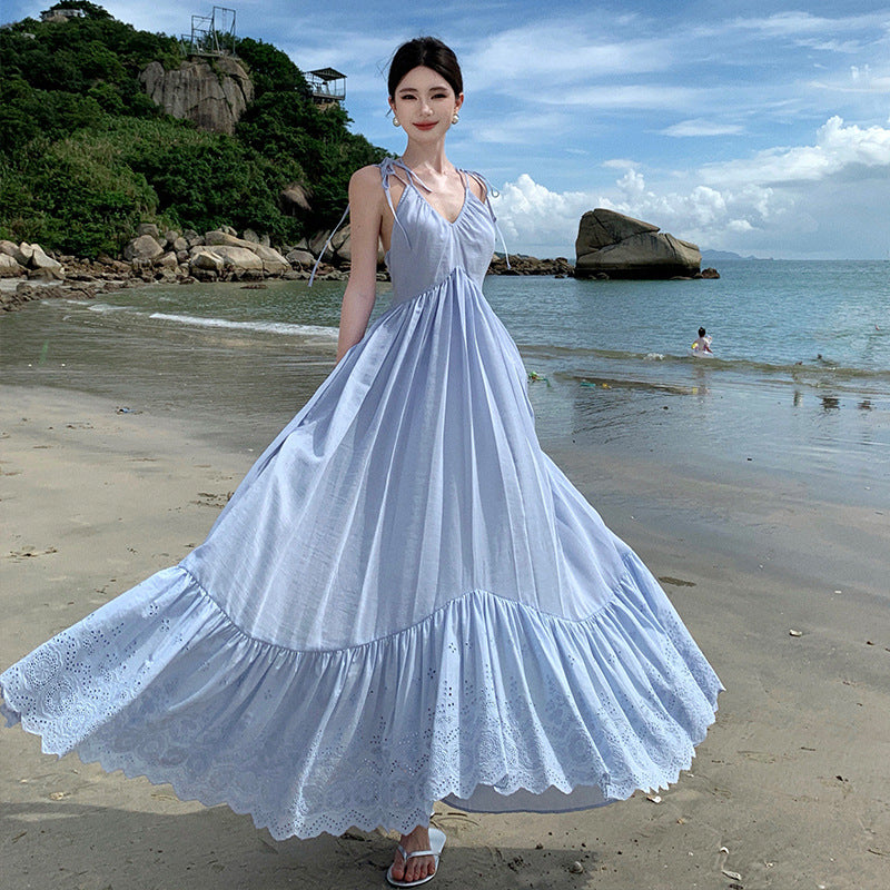 Sanya Beach Dress Light Blue Hollow Embroidery Strap Dress Summer Super Fairy Flowing Vacation Style Elegant Long Dress