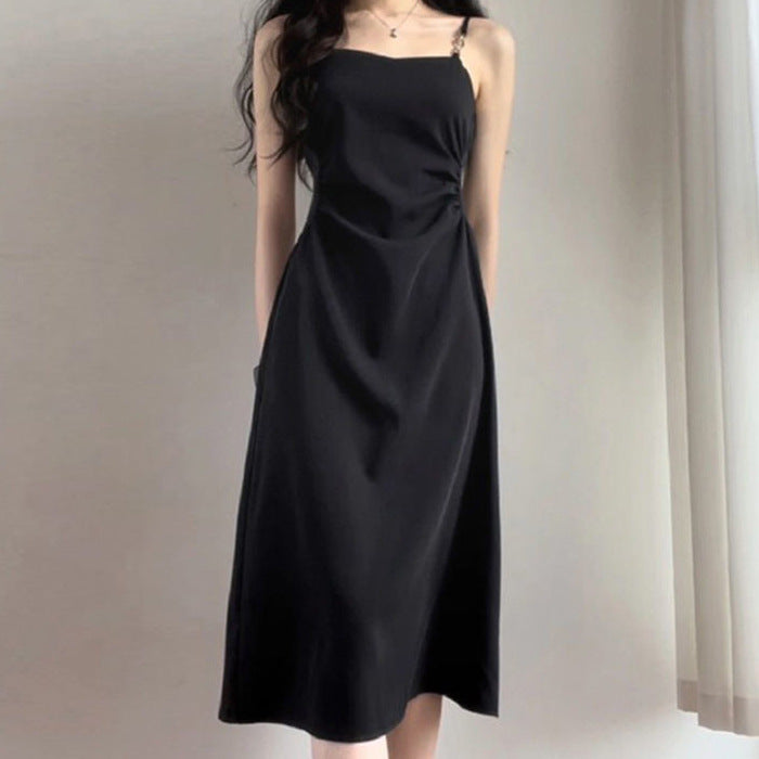 Black Camisole Dress Women's Summer 2025 New Waist Slimming High Sense Elegant Hepburn Style Black Dress
