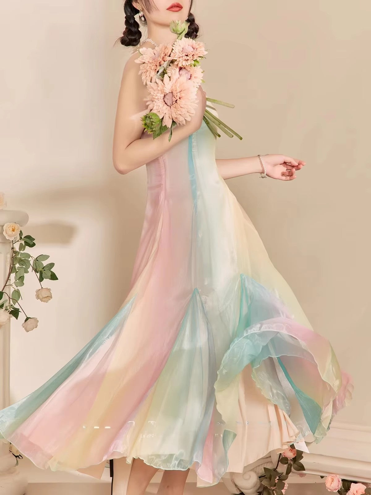 Summer Dopamine Girl Sweet Rainbow Long Dress Fairy Socialite Temperament Vacation Strap French Style Dress