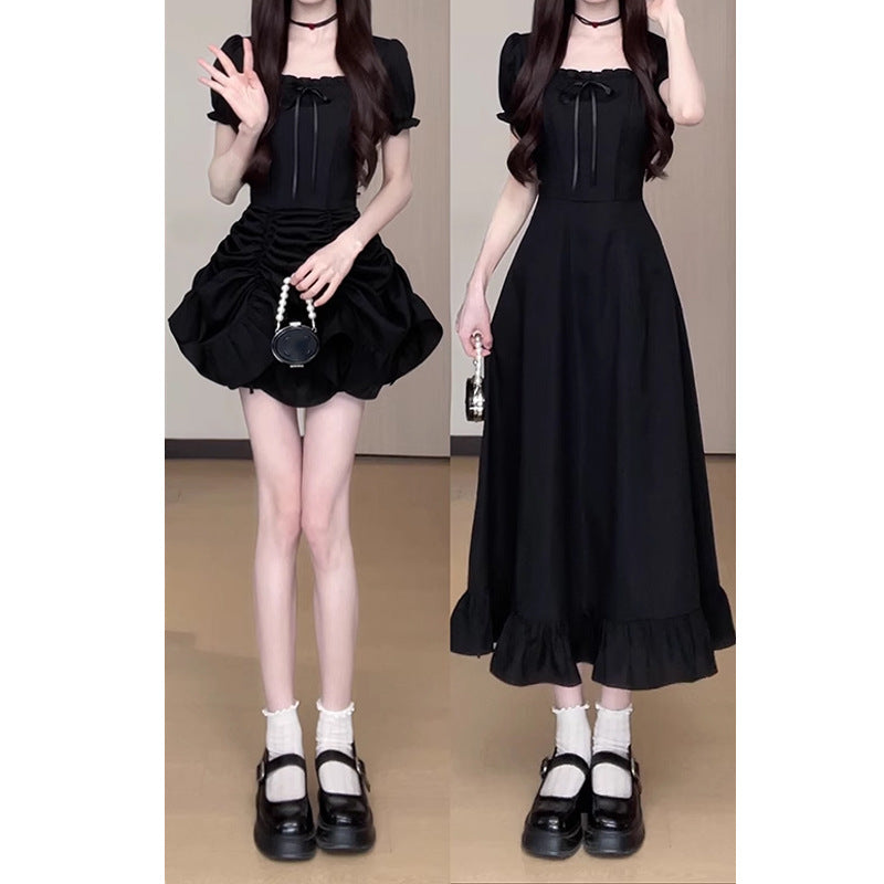 One Dress Wear More Red Cake Dress Early Summer Birthday Ancient Military Uniform French Short Sleeve Dress Waist Dress Square Collar Pleating