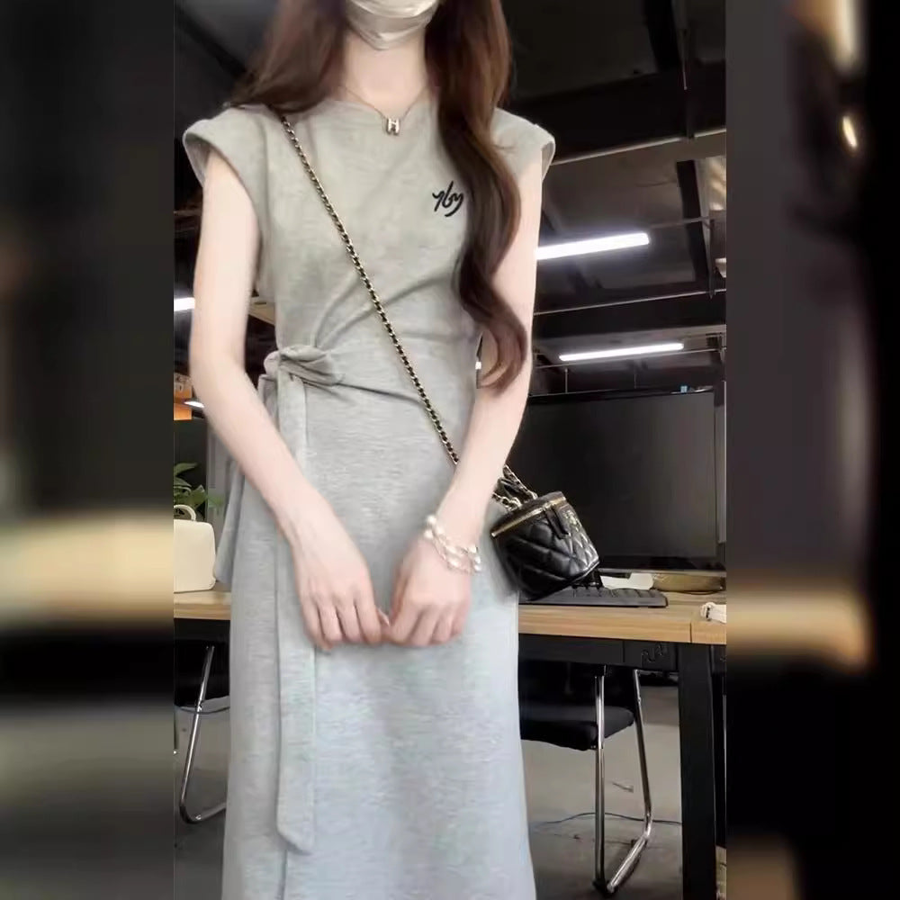 New French Style Gray Short Sleeve Dress for Women Summer Elegant High-end Casual Waist-cinching Long Dress
