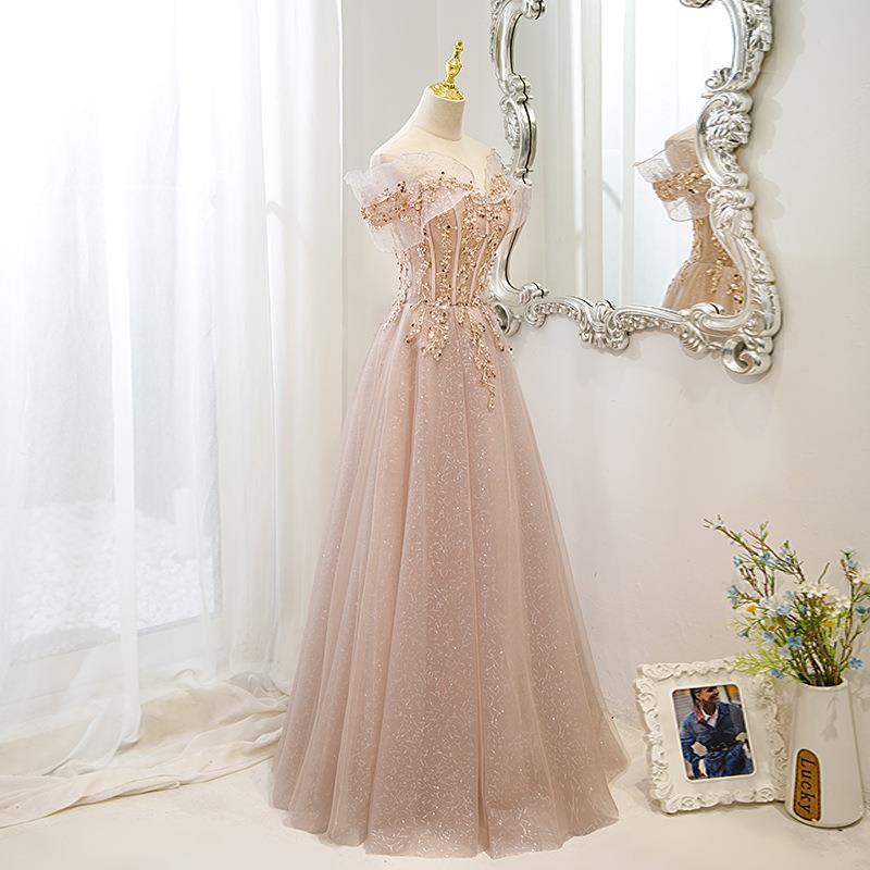 Off-Shoulder Pink Evening Dress High-End 2025 Spring Host Banquet Elegant Socialite Engagement Party Dress