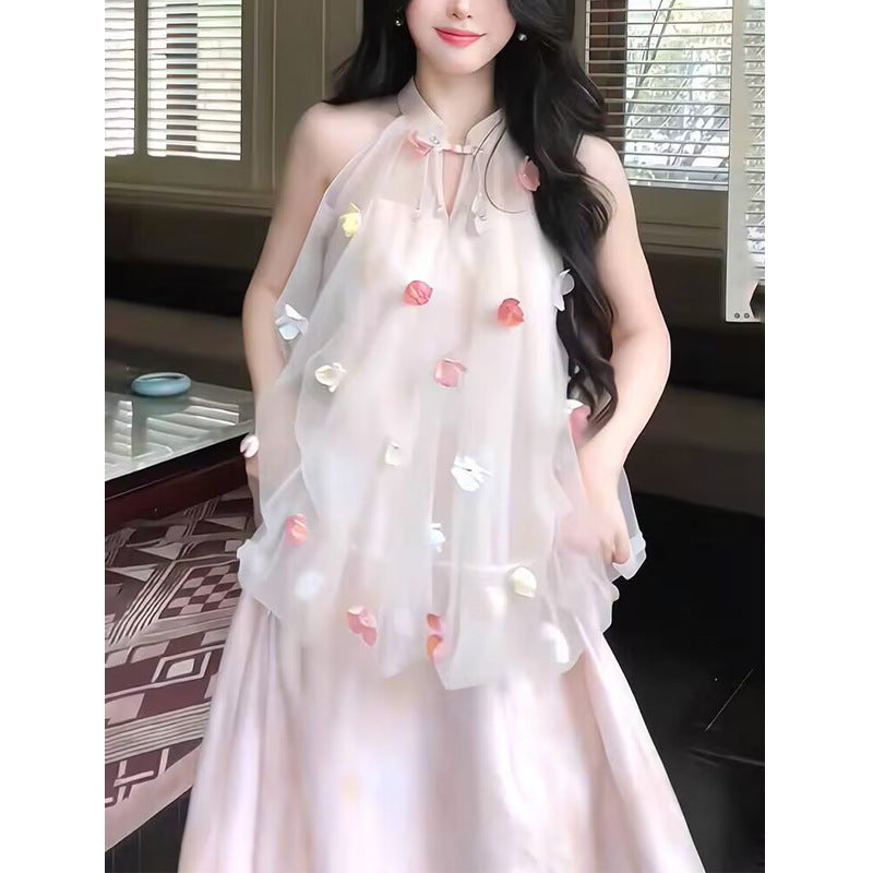 Fendai Liufang Heavy Craft Three-Dimensional Flower Halter Neck Printed Long Dress for Women Summer New Chinese Style Fake Two-Piece Off-Shoulder Dress