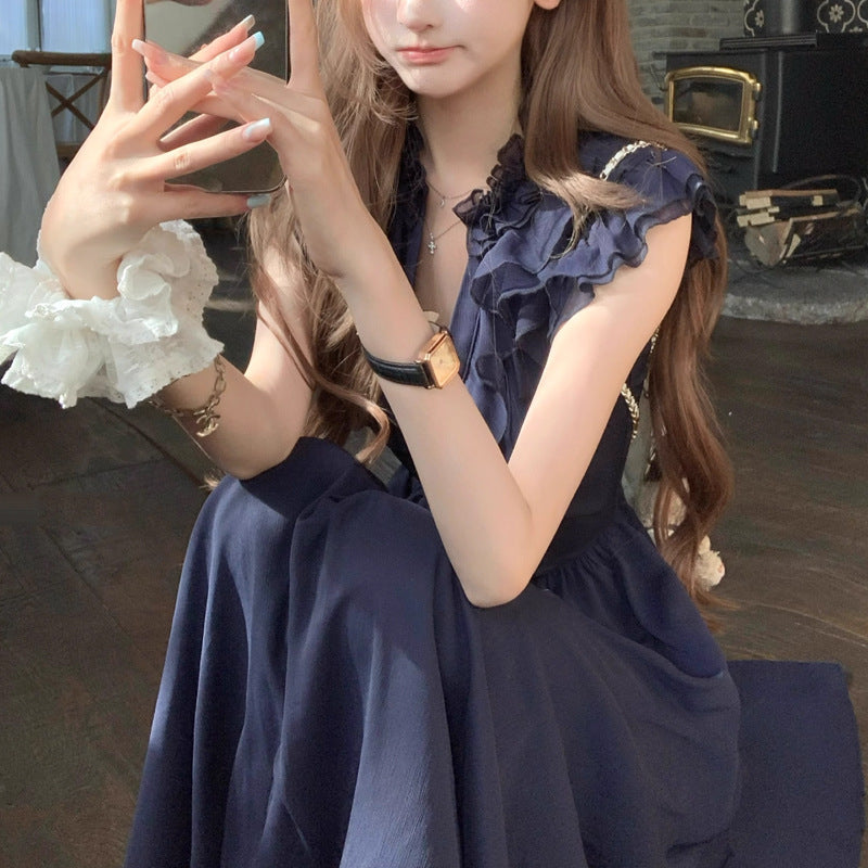 Ruffled Hem Navy Blue Dress