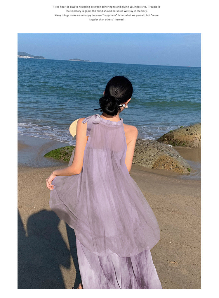 Light Raspberry Powder Jacquard Mesh Halter Fake Two Pieces Dress High Sense Morning Gowns Sleeveless Skirt