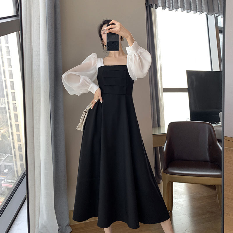 Long Sleeve Black Chiffon Dress Elegant Dress for Women New Spring Autumn Patchwork Square Neck French Style Retro Mesh Dress