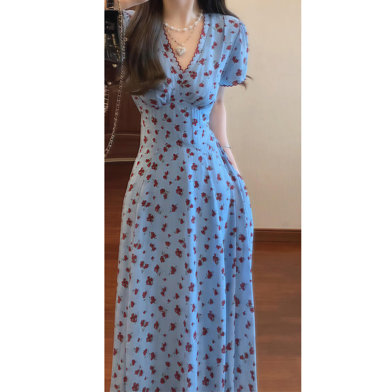 French Style Blue V-Neck Floral Dress for Women, Summer Waist-Cinching Slimming Elegant Long Dress
