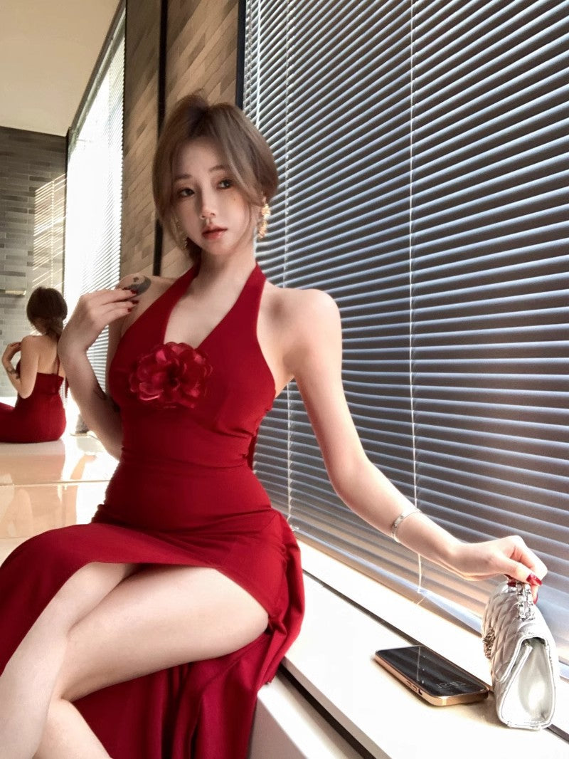 Red Three-Dimensional Flower Halter Neck Dress for Women, Summer Slim Fit Long Dress, Pure Desire Waist-Cinching Slit Bodycon Dress