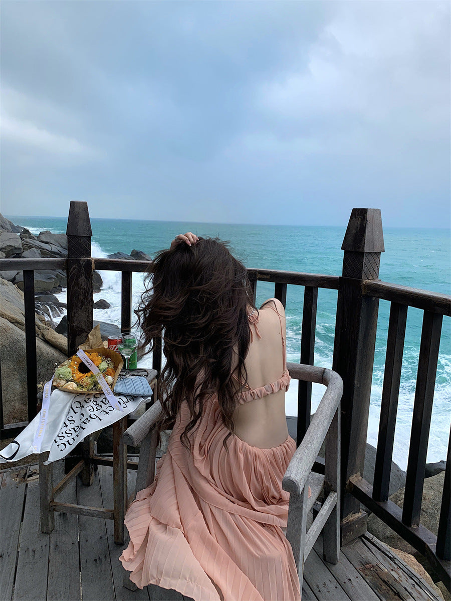 Sexy French Style Dress High-Grade Backless Pure Desire Style Socialite Temperament Seaside Vacation Skirt