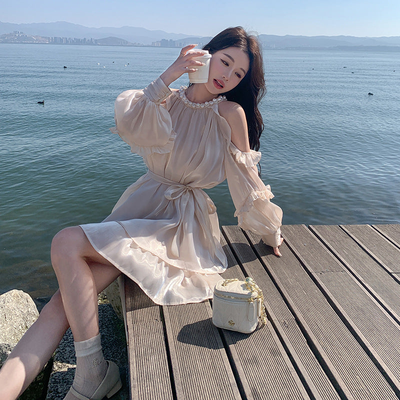 Apricot Super Fairy Halter Off-the-Shoulder Dress Women's Long Sleeve Spring New French Vacation Style Princess Dress Pettiskirt