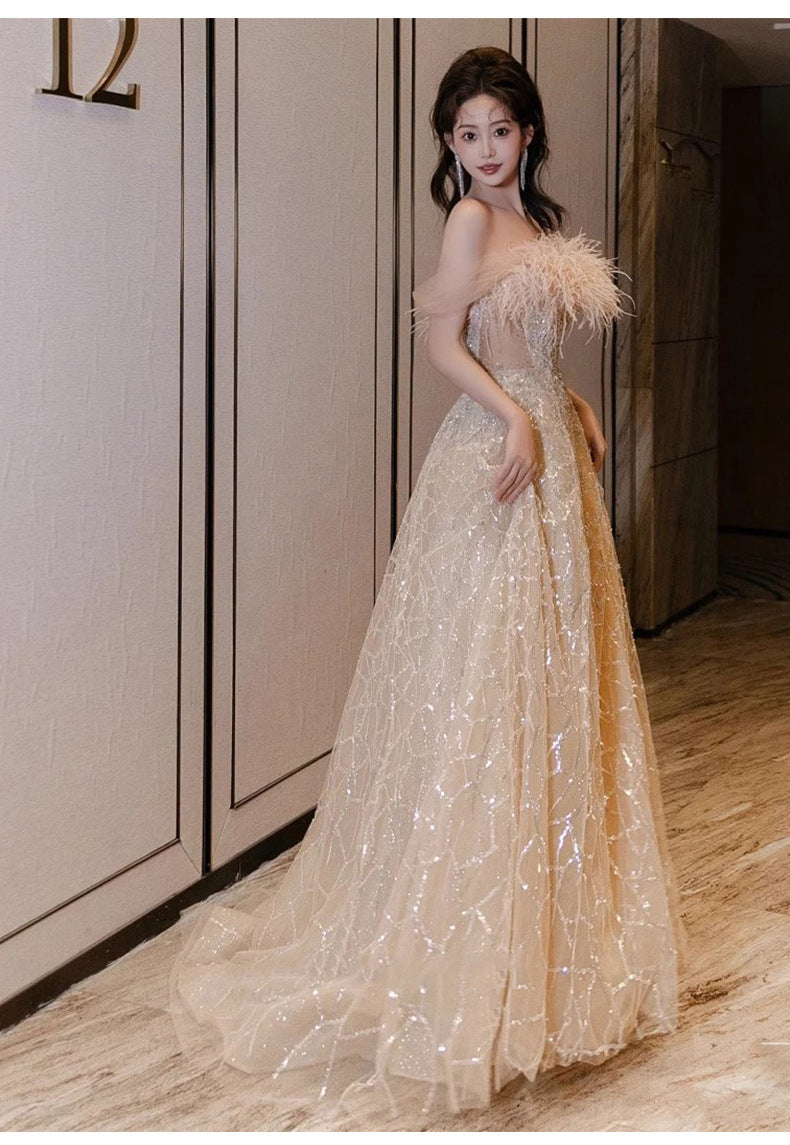 Feather off-Shoulder Evening Dress for Women 2025 New Champagne Adult Ceremony Art Exam Graduation French Engagement Toast Dress