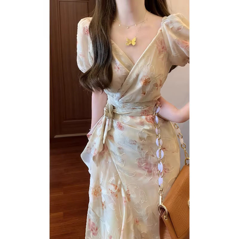 Summer French Romantic One-Piece Tie Printed Dress with Ruffled Hem Elegant Long Dress