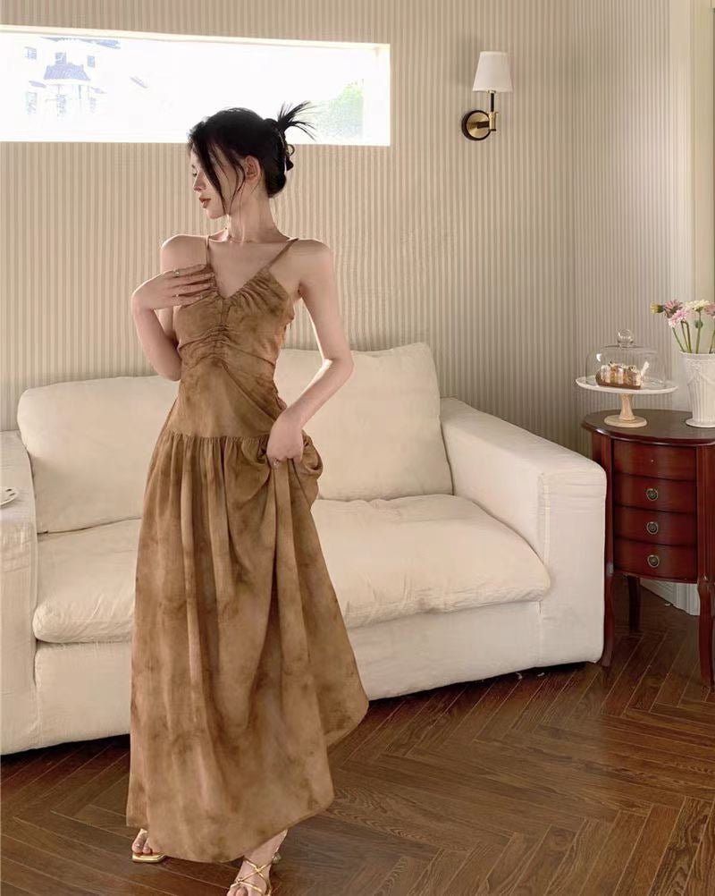 Sweet and Spicy Girl Floral Strap Dress Fairy Summer Dress Beach Vacation Backless Sexy Elegant Waist-Cinching Long Dress