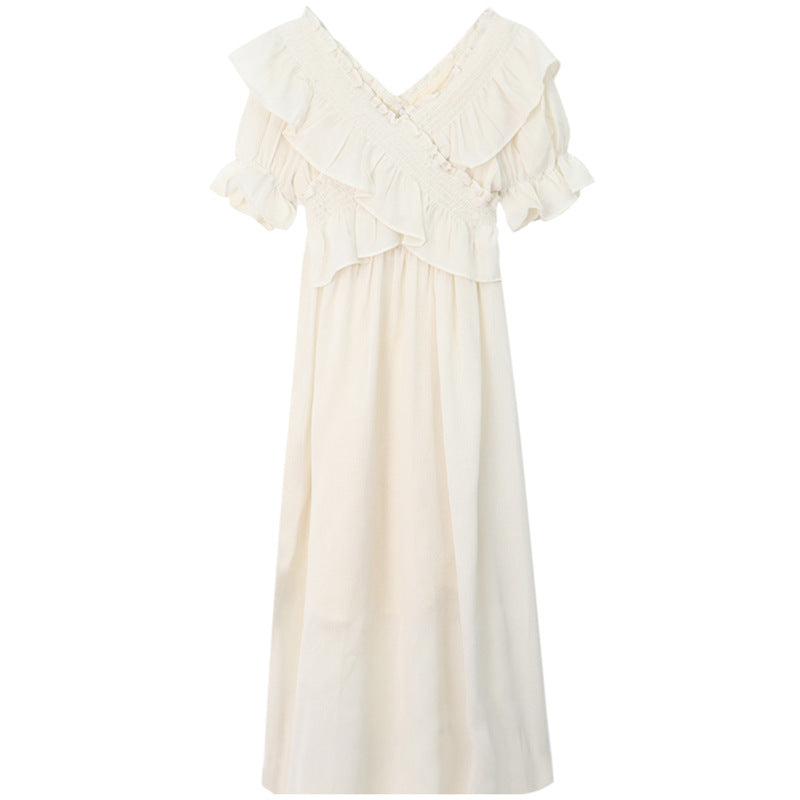 Chiffon Dress for Women Summer New Fairy Design Sense Cross V Gentle Short Sleeve Long Dress